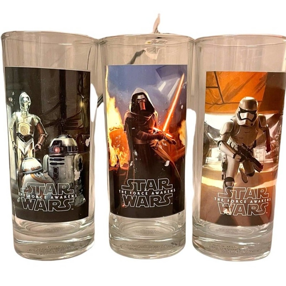 Star Wars The Force Awakens Drinking Glasses Set of 3 w Flaws - Picture 1 of 8